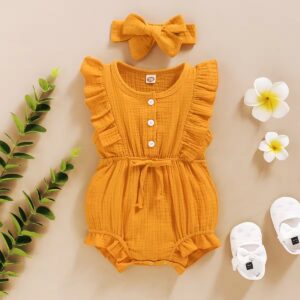 Elora Romper with headband- (Mustard)